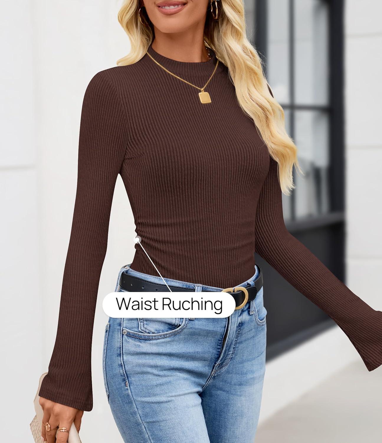 imageZESICA Womens Long Sleeve Shirts 2025 Fall Mock Neck Ribbed Knit Slim Fit Tops Basic Tees Dressy Casual Outfits ClothesDarkbrown