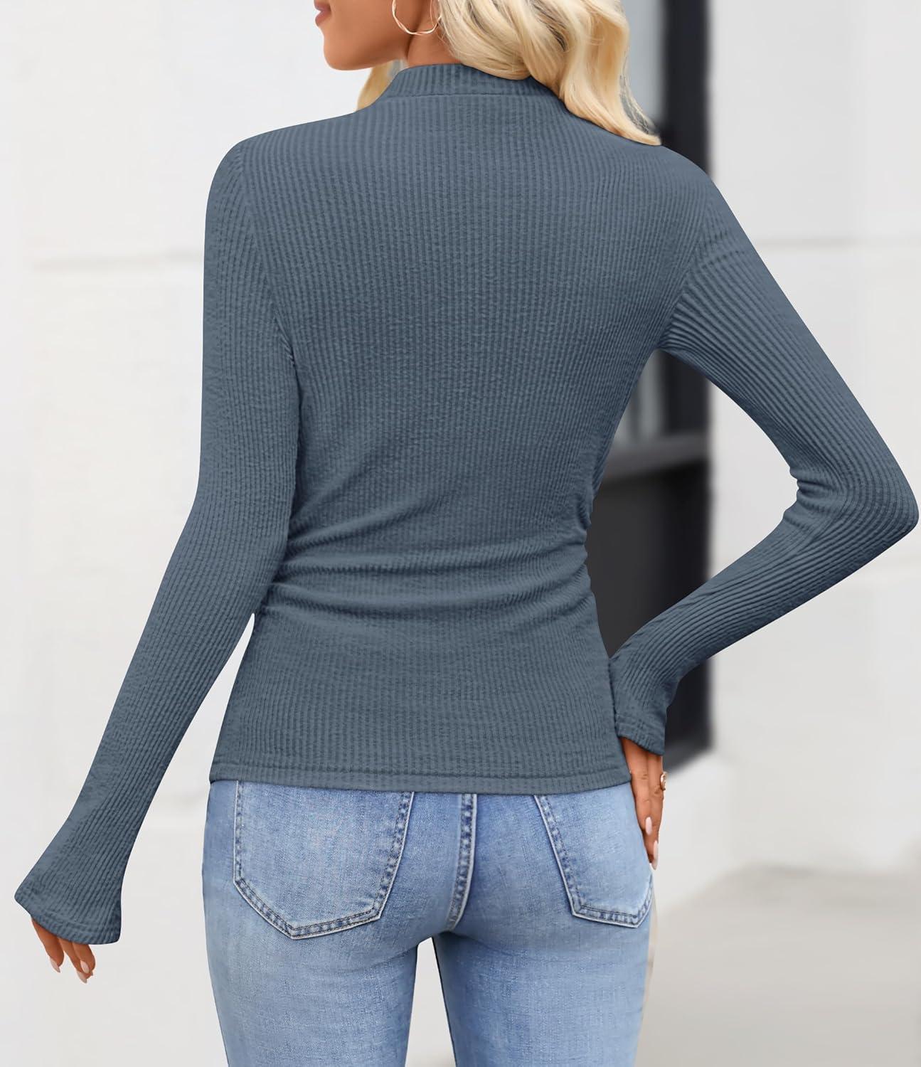 imageZESICA Womens Long Sleeve Shirts 2025 Fall Mock Neck Ribbed Knit Slim Fit Tops Basic Tees Dressy Casual Outfits ClothesDustyblue