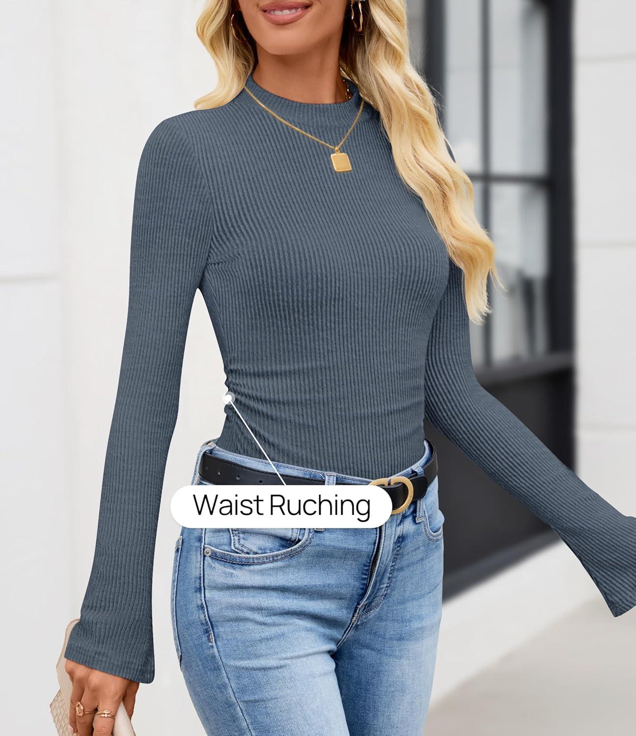 imageZESICA Womens Long Sleeve Shirts 2025 Fall Mock Neck Ribbed Knit Slim Fit Tops Basic Tees Dressy Casual Outfits ClothesDustyblue