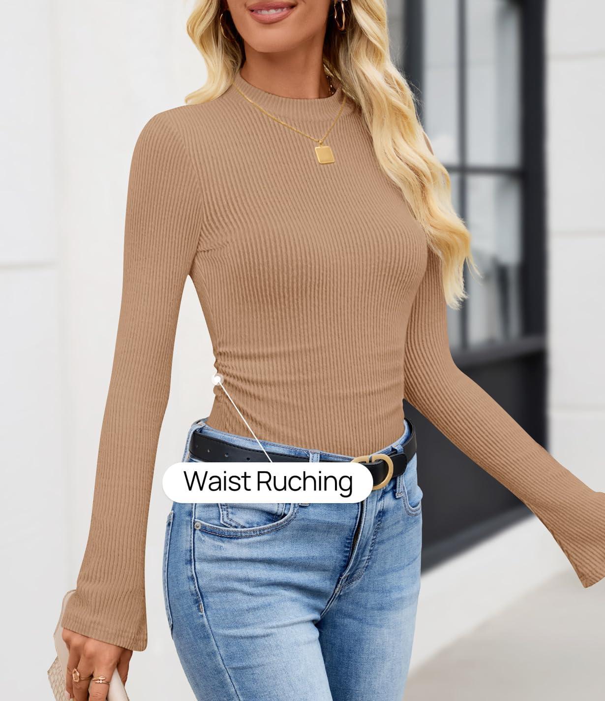 imageZESICA Womens Long Sleeve Shirts 2025 Fall Mock Neck Ribbed Knit Slim Fit Tops Basic Tees Dressy Casual Outfits ClothesKhaki