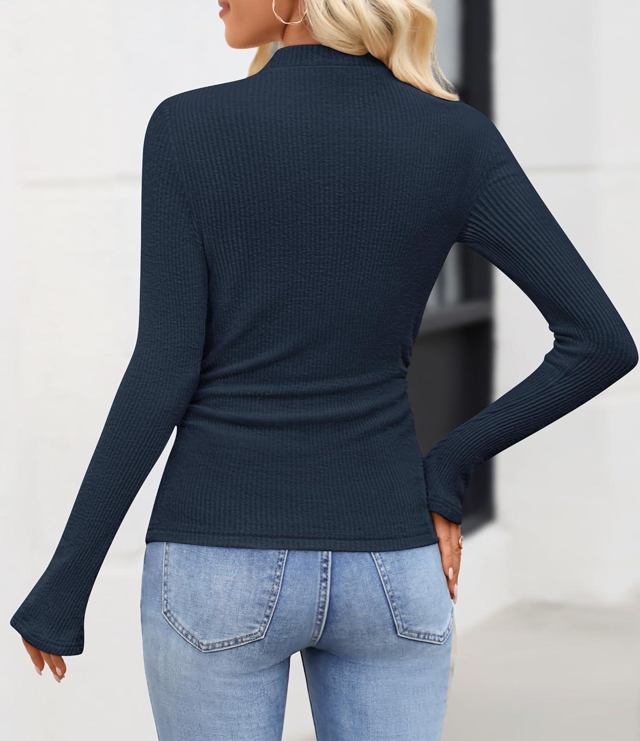 imageZESICA Womens Long Sleeve Shirts 2025 Fall Mock Neck Ribbed Knit Slim Fit Tops Basic Tees Dressy Casual Outfits ClothesNavy