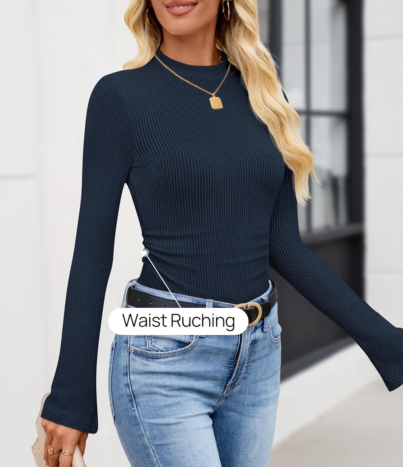 imageZESICA Womens Long Sleeve Shirts 2025 Fall Mock Neck Ribbed Knit Slim Fit Tops Basic Tees Dressy Casual Outfits ClothesNavy