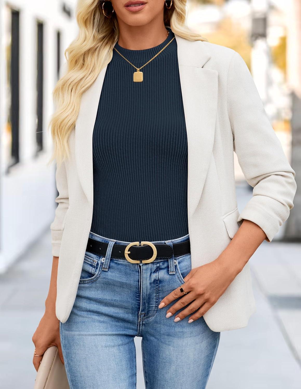 imageZESICA Womens Long Sleeve Shirts 2025 Fall Mock Neck Ribbed Knit Slim Fit Tops Basic Tees Dressy Casual Outfits ClothesNavy