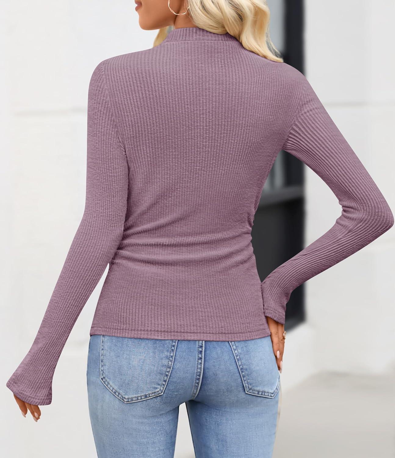 imageZESICA Womens Long Sleeve Shirts 2025 Fall Mock Neck Ribbed Knit Slim Fit Tops Basic Tees Dressy Casual Outfits ClothesPurple