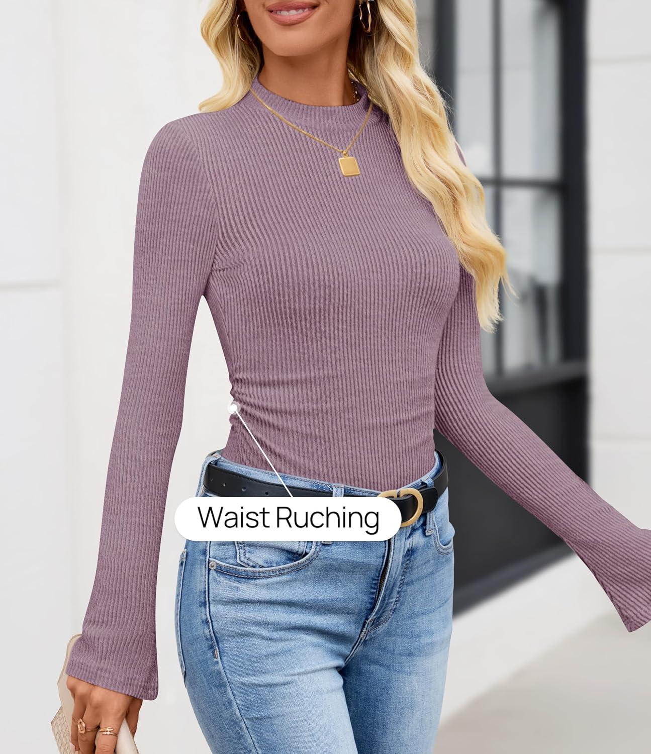 imageZESICA Womens Long Sleeve Shirts 2025 Fall Mock Neck Ribbed Knit Slim Fit Tops Basic Tees Dressy Casual Outfits ClothesPurple
