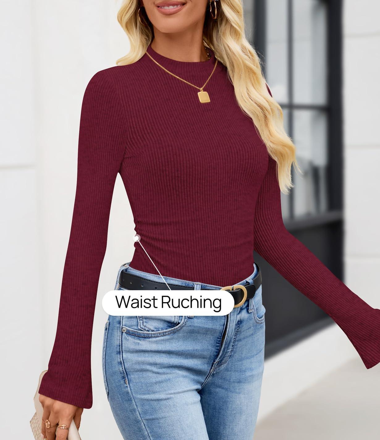 imageZESICA Womens Long Sleeve Shirts 2025 Fall Mock Neck Ribbed Knit Slim Fit Tops Basic Tees Dressy Casual Outfits ClothesWine