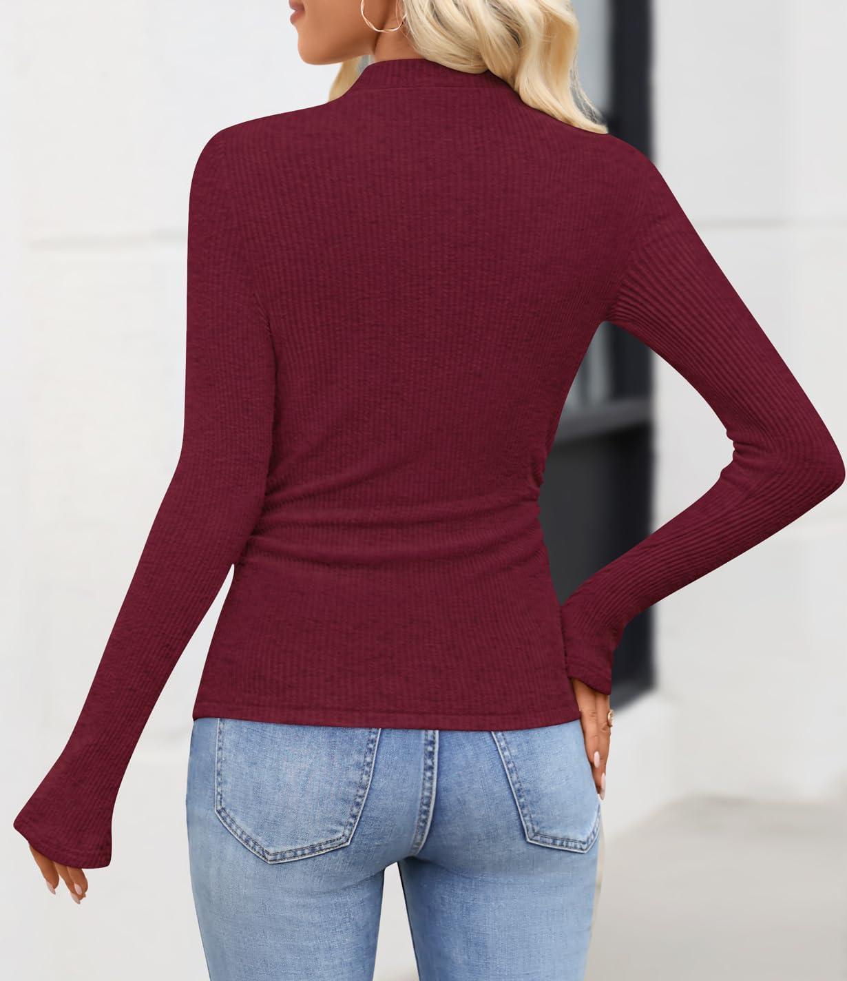imageZESICA Womens Long Sleeve Shirts 2025 Fall Mock Neck Ribbed Knit Slim Fit Tops Basic Tees Dressy Casual Outfits ClothesWine