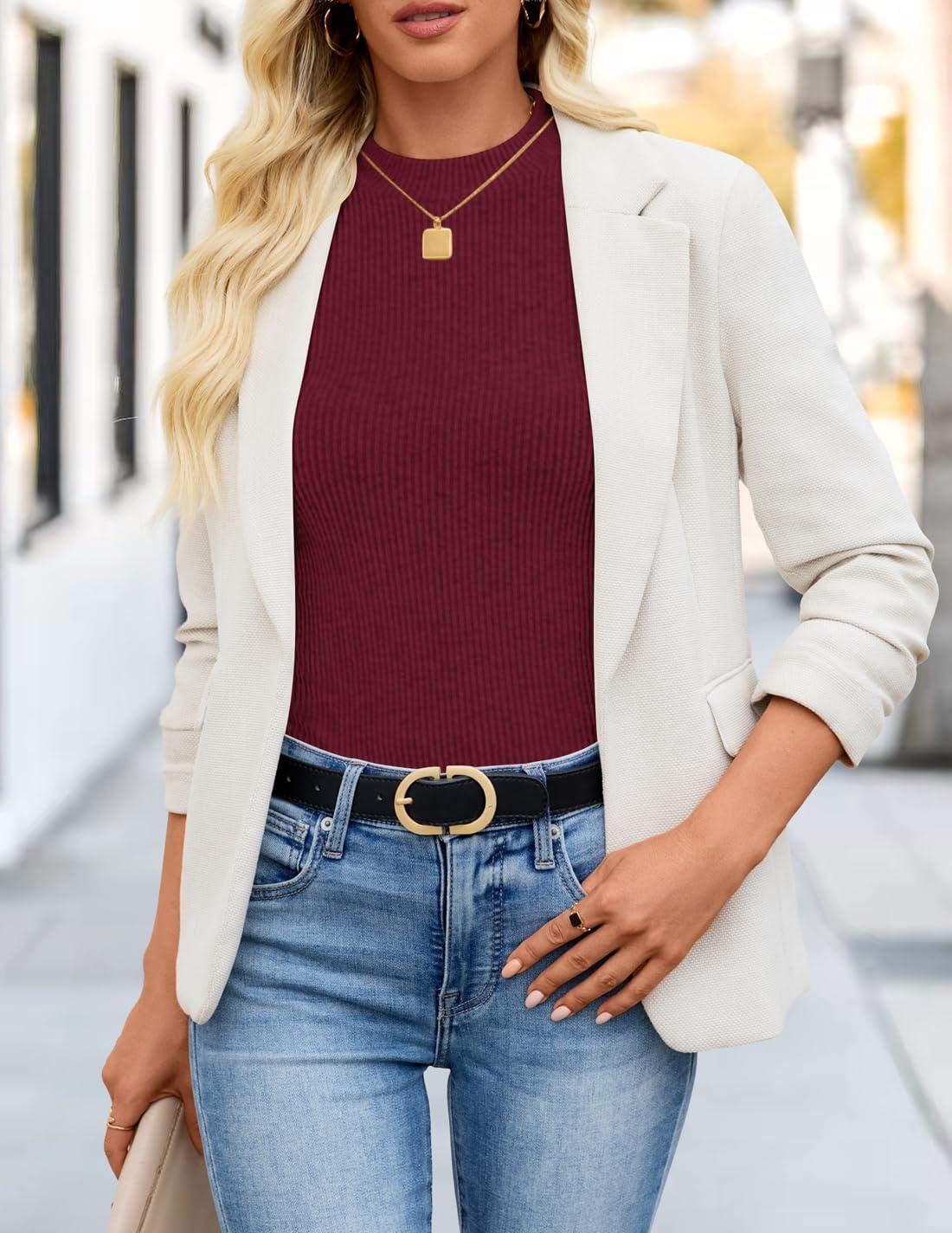 imageZESICA Womens Long Sleeve Shirts 2025 Fall Mock Neck Ribbed Knit Slim Fit Tops Basic Tees Dressy Casual Outfits ClothesWine