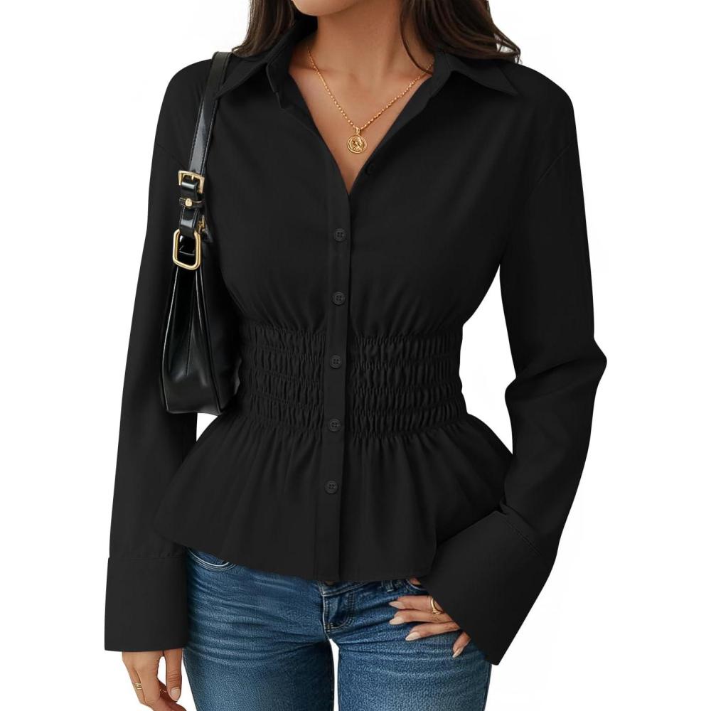 imageZESICA Womens 2025 Fall Long Sleeve Blouse Business Dressy Casual Button Down Shirts Peplum Tops Fashion Trendy ClothesBlack