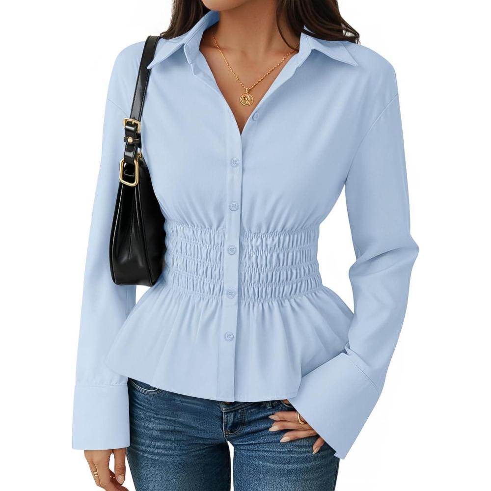 imageZESICA Womens 2025 Fall Long Sleeve Blouse Business Dressy Casual Button Down Shirts Peplum Tops Fashion Trendy ClothesBlue