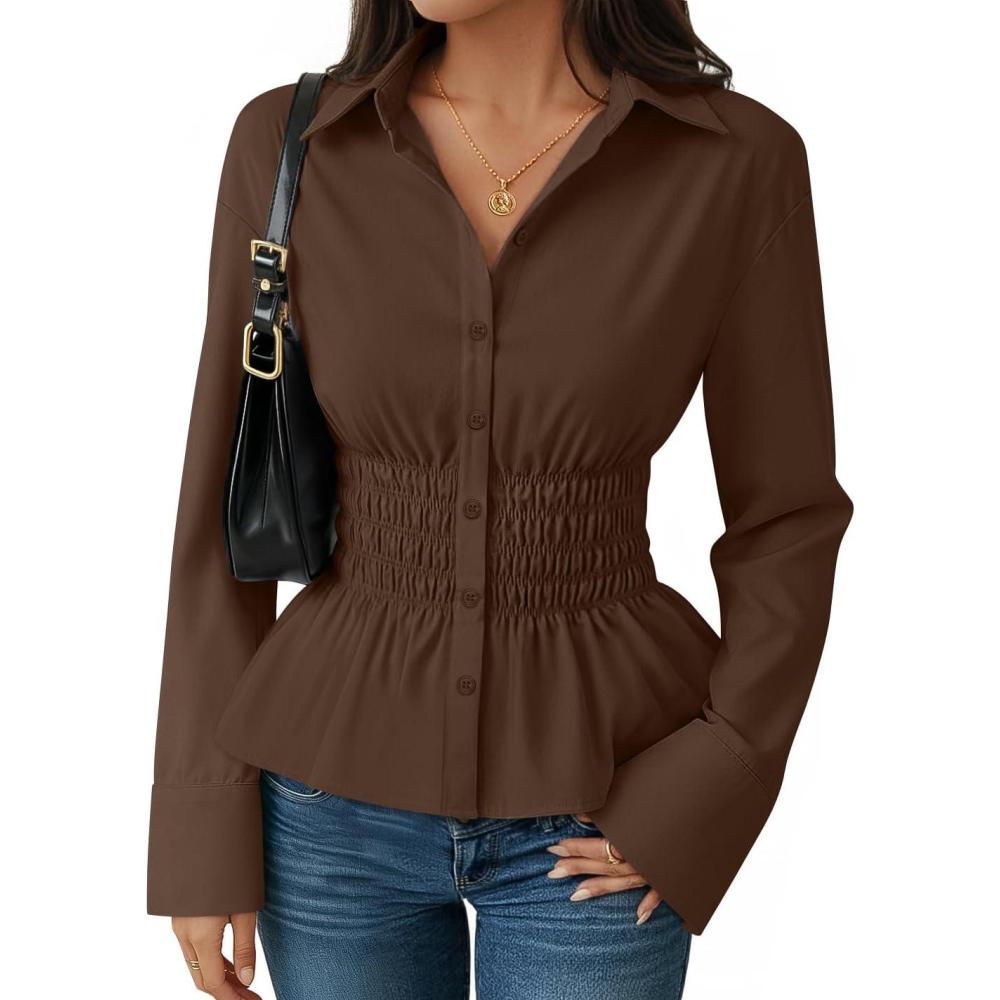 imageZESICA Womens 2025 Fall Long Sleeve Blouse Business Dressy Casual Button Down Shirts Peplum Tops Fashion Trendy ClothesBrown