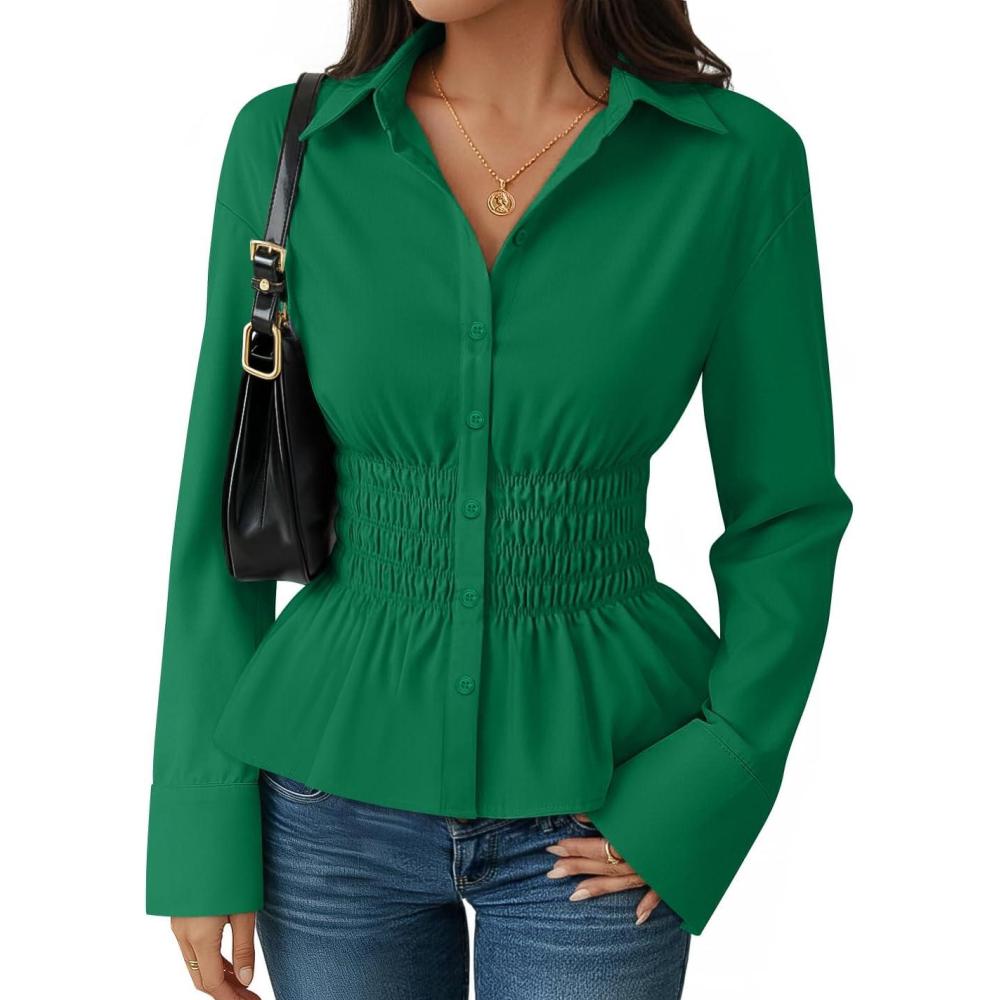 imageZESICA Womens 2025 Fall Long Sleeve Blouse Business Dressy Casual Button Down Shirts Peplum Tops Fashion Trendy ClothesGreen