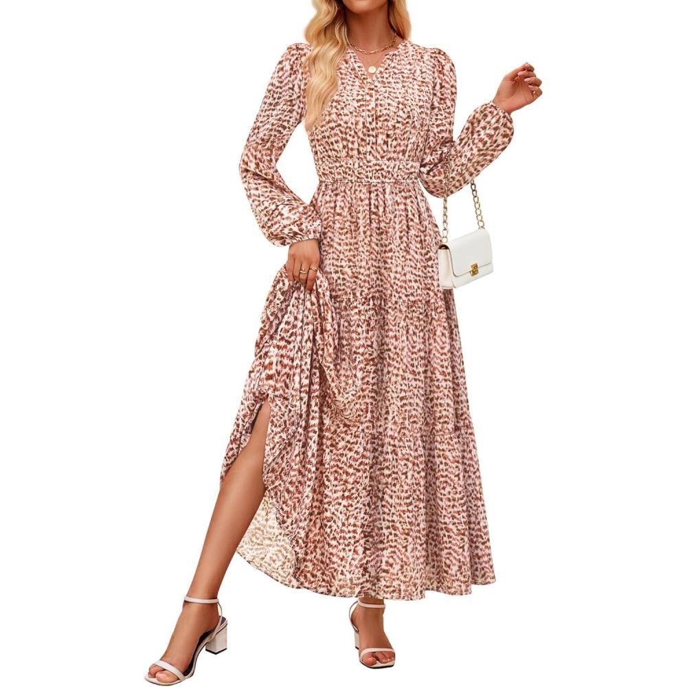 imageZESICA Womens 2025 Fall Long Sleeve Maxi Dress Floral Print V Neck Empire Waist A Line Tiered Flowy Boho Party DressesOrange Red