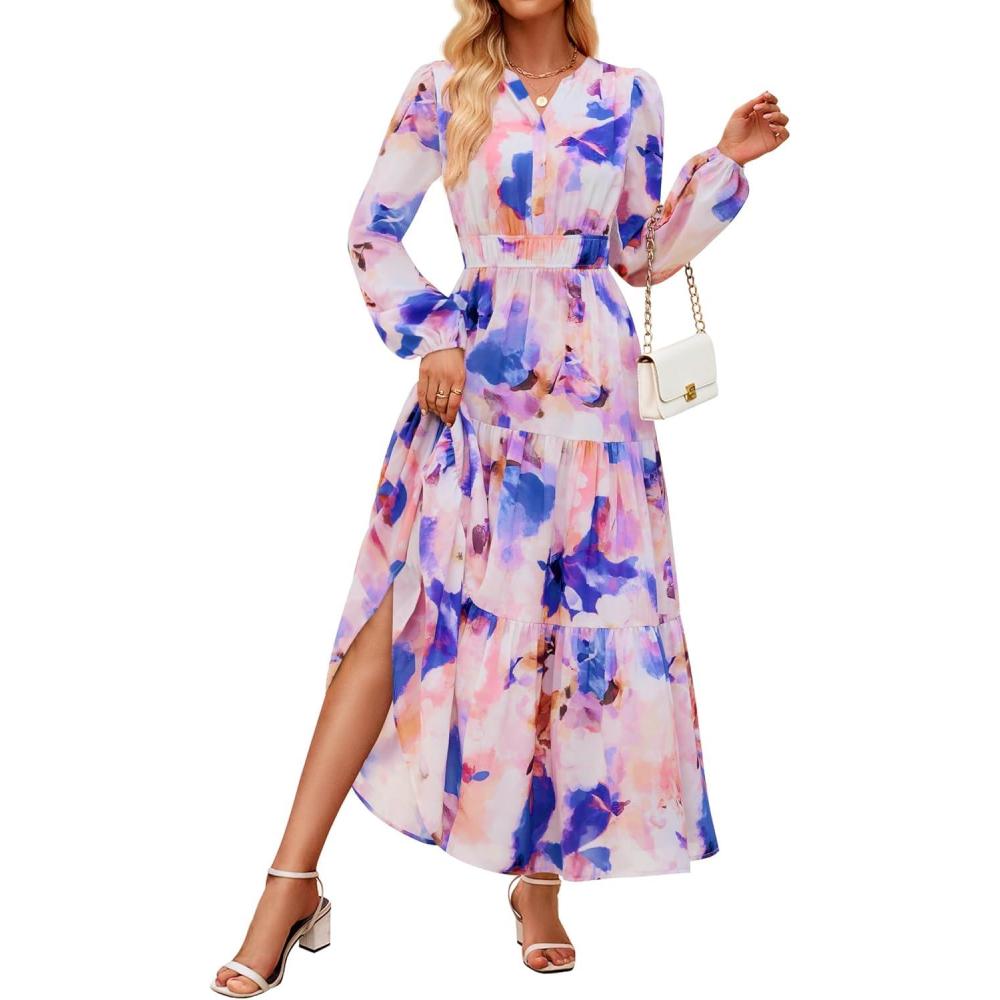 imageZESICA Womens 2025 Fall Long Sleeve Maxi Dress Floral Print V Neck Empire Waist A Line Tiered Flowy Boho Party DressesPurple