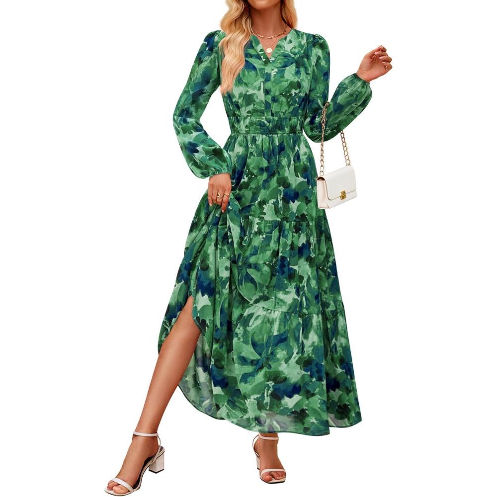 imageZESICA Womens 2025 Fall Long Sleeve Maxi Dress Floral Print V Neck Empire Waist A Line Tiered Flowy Boho Party DressesTurquoise