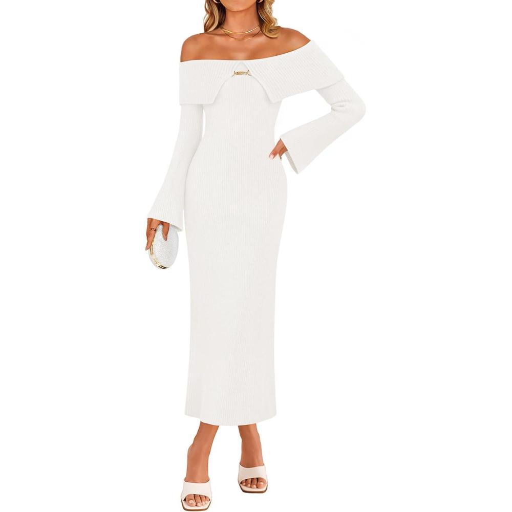 imageZESICA Womens Fall Off Shoulder Sweater Dress 2025 Bell Long Sleeve Ribbed Knit Bodycon Formal Maxi DressesWhite