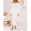 imageZESICA Womens Fall Off Shoulder Sweater Dress 2025 Bell Long Sleeve Ribbed Knit Bodycon Formal Maxi DressesWhite