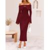 imageZESICA Womens Fall Off Shoulder Sweater Dress 2025 Bell Long Sleeve Ribbed Knit Bodycon Formal Maxi DressesWine