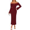 imageZESICA Womens Fall Off Shoulder Sweater Dress 2025 Bell Long Sleeve Ribbed Knit Bodycon Formal Maxi DressesWine
