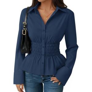 imageZESICA Womens 2025 Fall Long Sleeve Blouse Business Dressy Casual Button Down Shirts Peplum Tops Fashion Trendy ClothesNavy