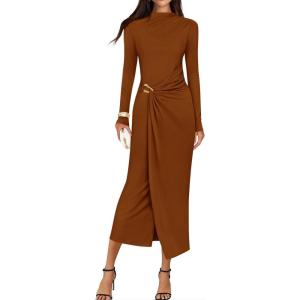 imageZESICA Womens 2025 Fall Long Sleeve Bodycon Dress Mock Neck Wedding Guest Cocktail Party Long Midi DressesCaramel