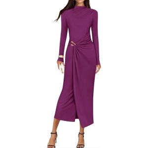 imageZESICA Womens 2025 Fall Long Sleeve Bodycon Dress Mock Neck Wedding Guest Cocktail Party Long Midi DressesEggplant