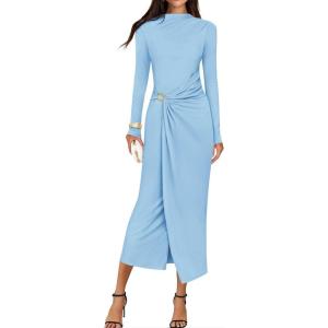 imageZESICA Womens 2025 Fall Long Sleeve Bodycon Dress Mock Neck Wedding Guest Cocktail Party Long Midi DressesLightblue