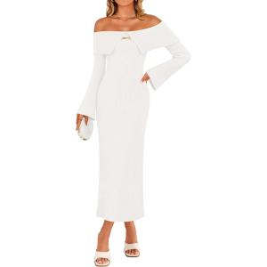 imageZESICA Womens Fall Off Shoulder Sweater Dress 2025 Bell Long Sleeve Ribbed Knit Bodycon Formal Maxi DressesWhite