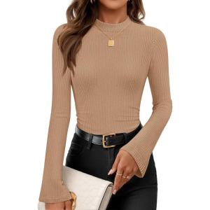 imageZESICA Womens Long Sleeve Shirts 2025 Fall Mock Neck Ribbed Knit Slim Fit Tops Basic Tees Dressy Casual Outfits ClothesKhaki