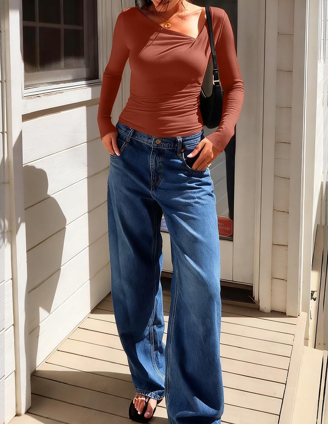 imageZESICA Womens Long Sleeve Asymmetrical Neck Ruched Slim Fit Shirts 2025 Fall Fashion Casual Tee Going Out TopsBurnt Orange