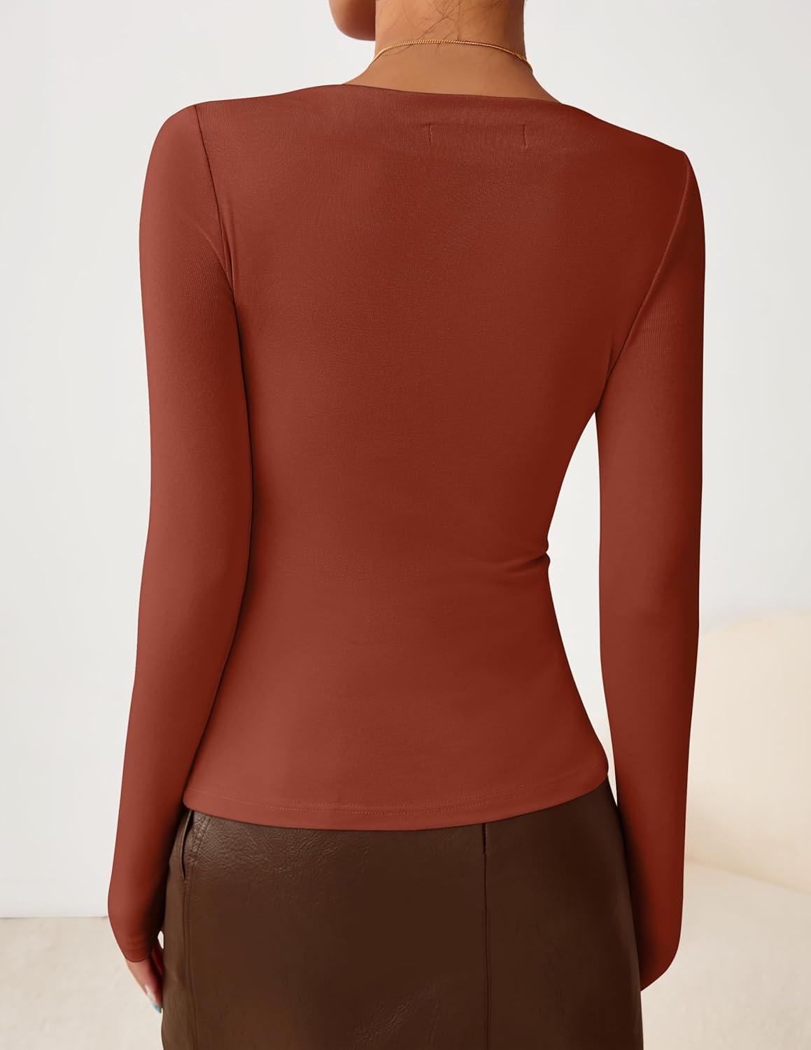 imageZESICA Womens Long Sleeve Asymmetrical Neck Ruched Slim Fit Shirts 2025 Fall Fashion Casual Tee Going Out TopsBurnt Orange