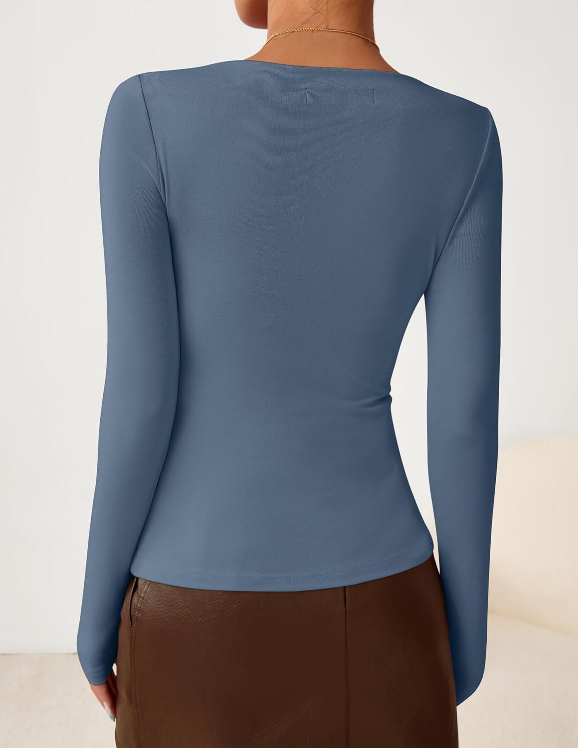 imageZESICA Womens Long Sleeve Asymmetrical Neck Ruched Slim Fit Shirts 2025 Fall Fashion Casual Tee Going Out TopsDusty Blue