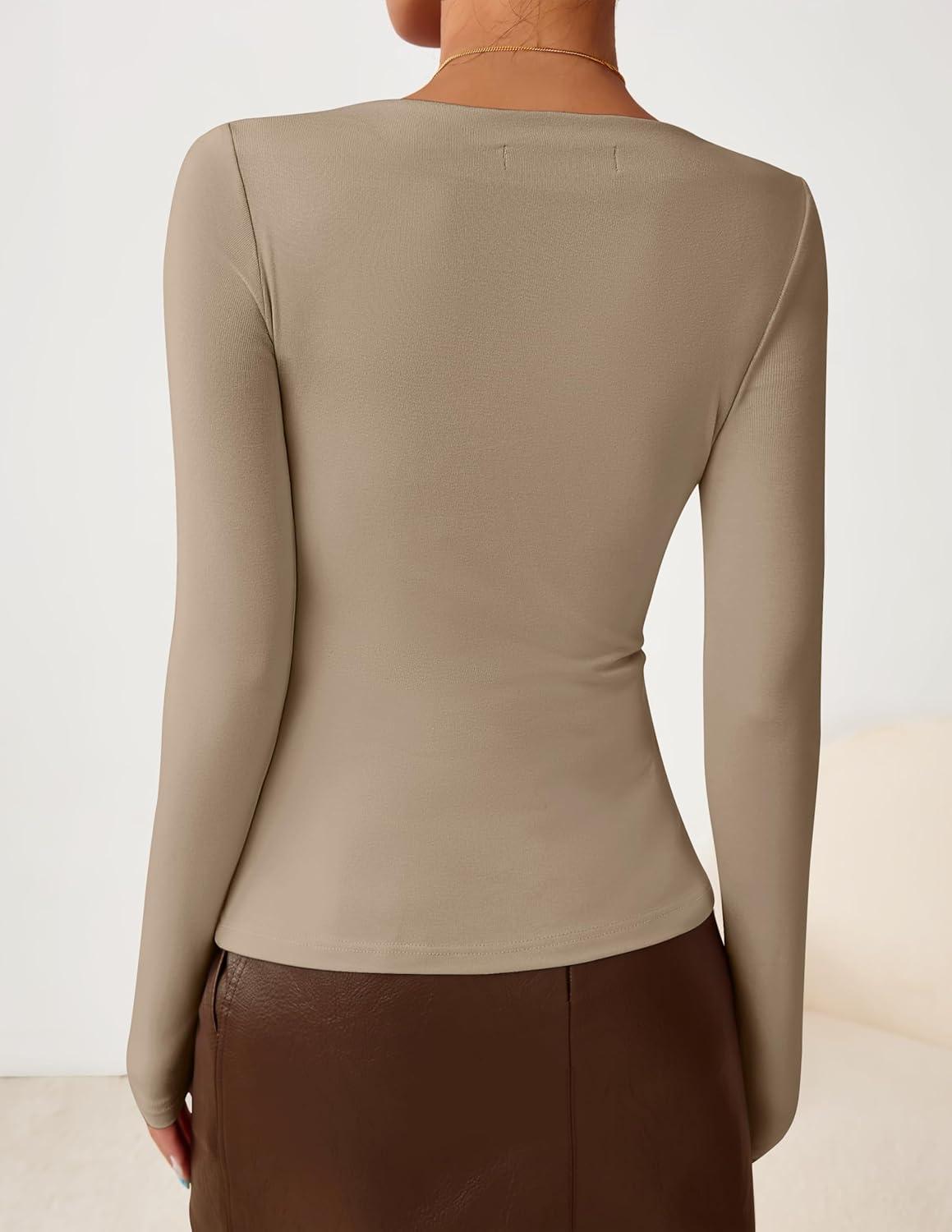 imageZESICA Womens Long Sleeve Asymmetrical Neck Ruched Slim Fit Shirts 2025 Fall Fashion Casual Tee Going Out TopsKhaki