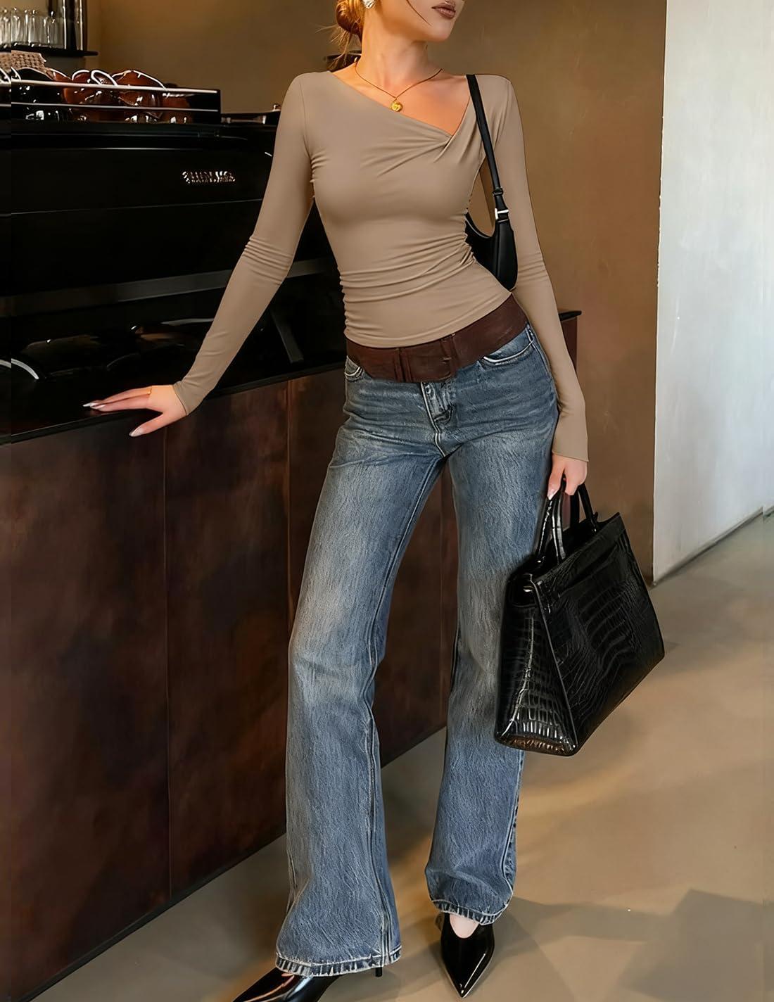 imageZESICA Womens Long Sleeve Asymmetrical Neck Ruched Slim Fit Shirts 2025 Fall Fashion Casual Tee Going Out TopsKhaki