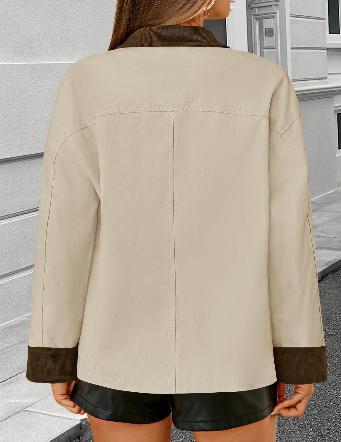 imageZESICA Womens Trendy Lightweight Oversized Barn Jackets 2025 fall Fashion Contrast Collar Zip Up Cargo Cotton Casual CoatApricot