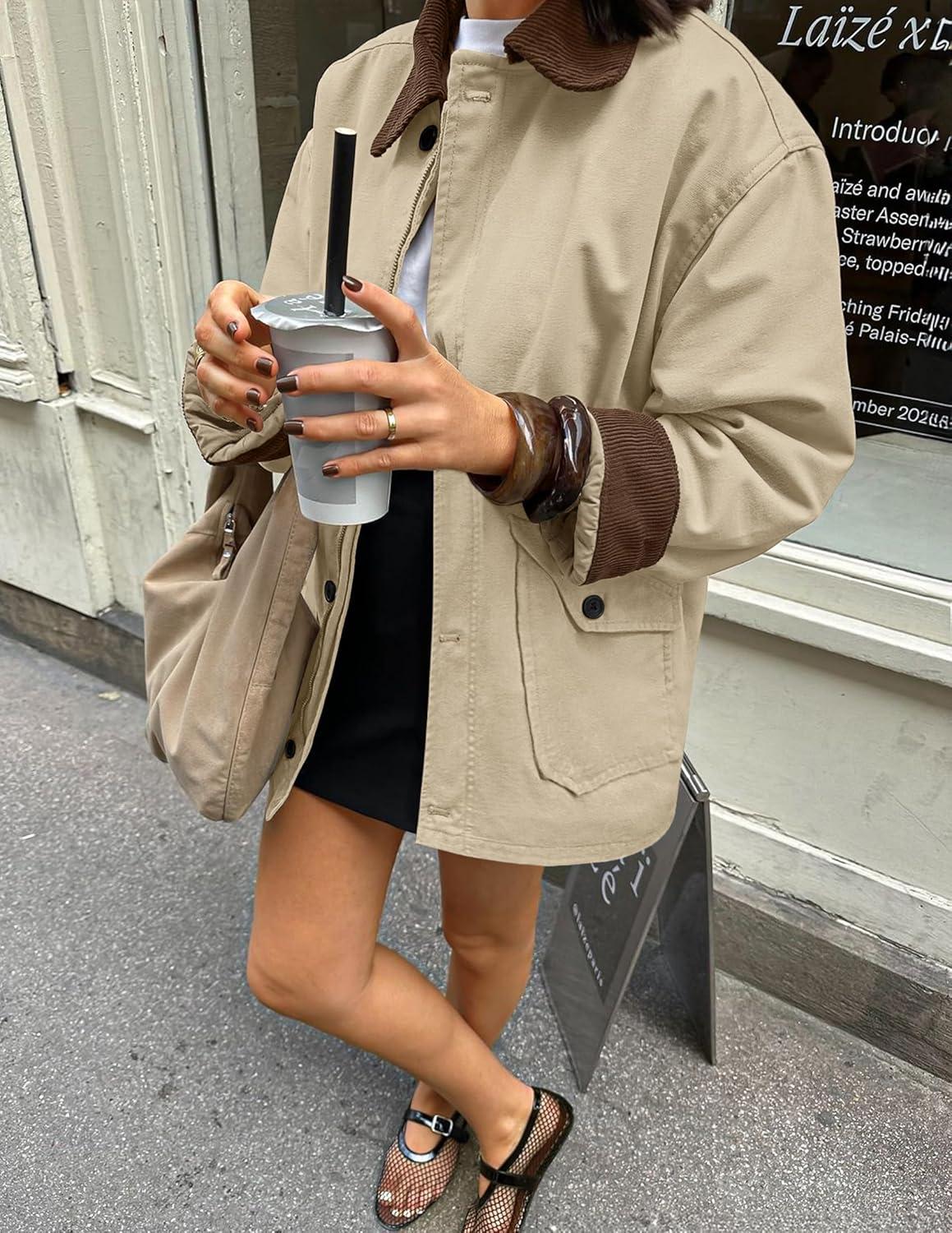 imageZESICA Womens Trendy Lightweight Oversized Barn Jackets 2025 fall Fashion Contrast Collar Zip Up Cargo Cotton Casual CoatApricot