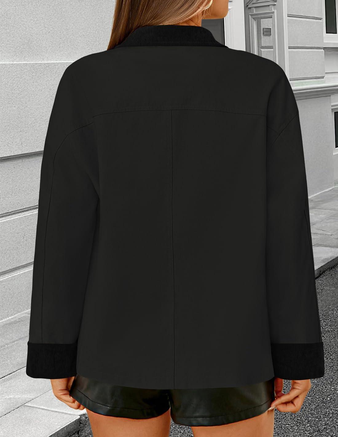 imageZESICA Womens Trendy Lightweight Oversized Barn Jackets 2025 fall Fashion Contrast Collar Zip Up Cargo Cotton Casual CoatBlack