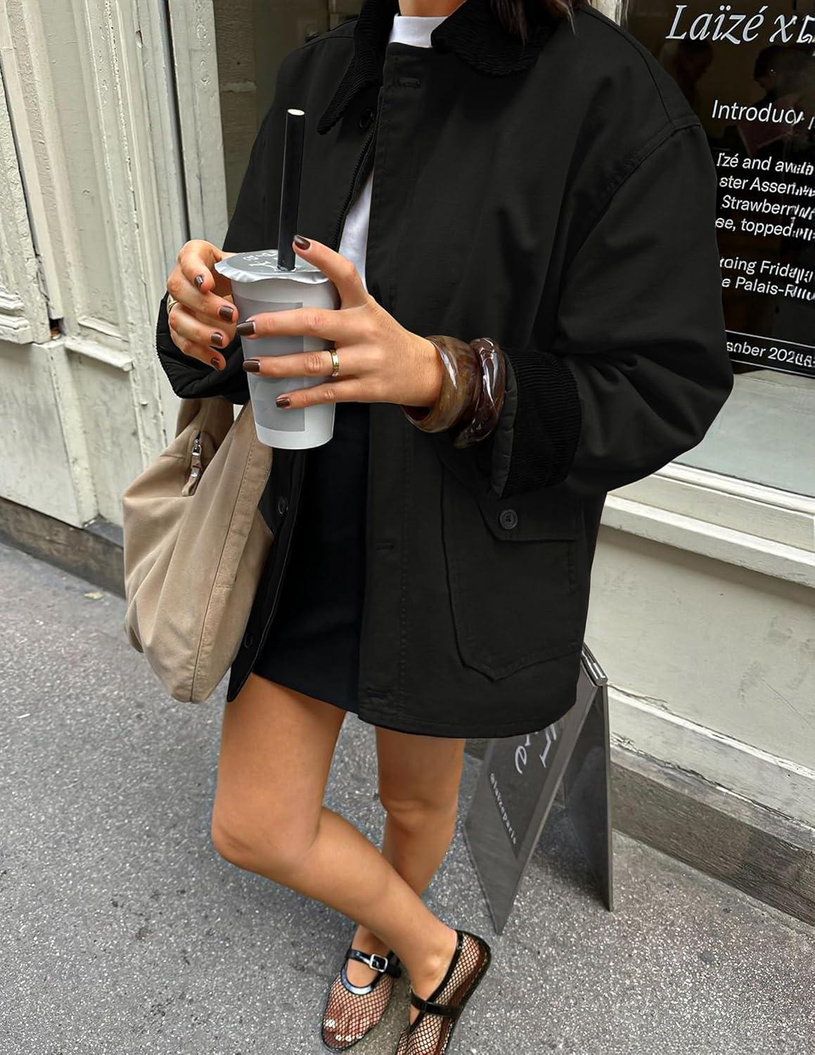 imageZESICA Womens Trendy Lightweight Oversized Barn Jackets 2025 fall Fashion Contrast Collar Zip Up Cargo Cotton Casual CoatBlack