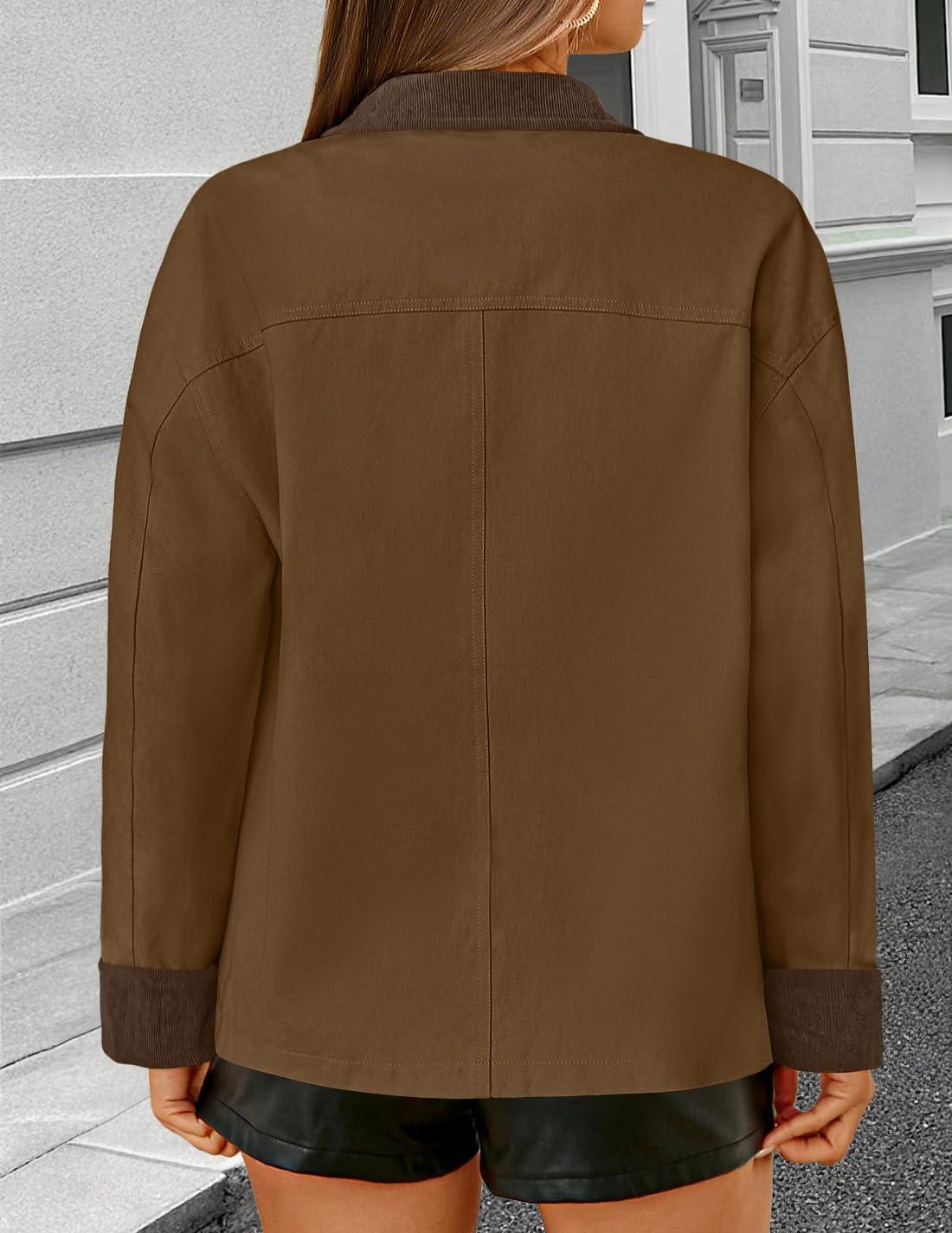 imageZESICA Womens Trendy Lightweight Oversized Barn Jackets 2025 fall Fashion Contrast Collar Zip Up Cargo Cotton Casual CoatBrown