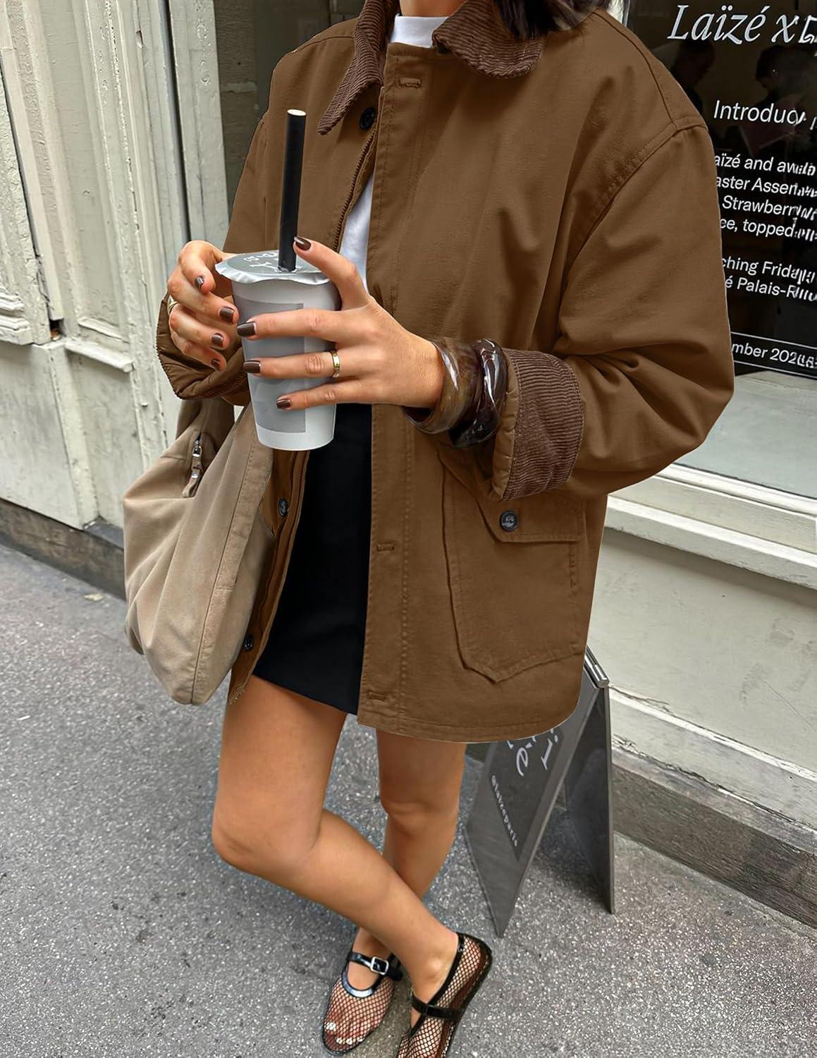 imageZESICA Womens Trendy Lightweight Oversized Barn Jackets 2025 fall Fashion Contrast Collar Zip Up Cargo Cotton Casual CoatBrown