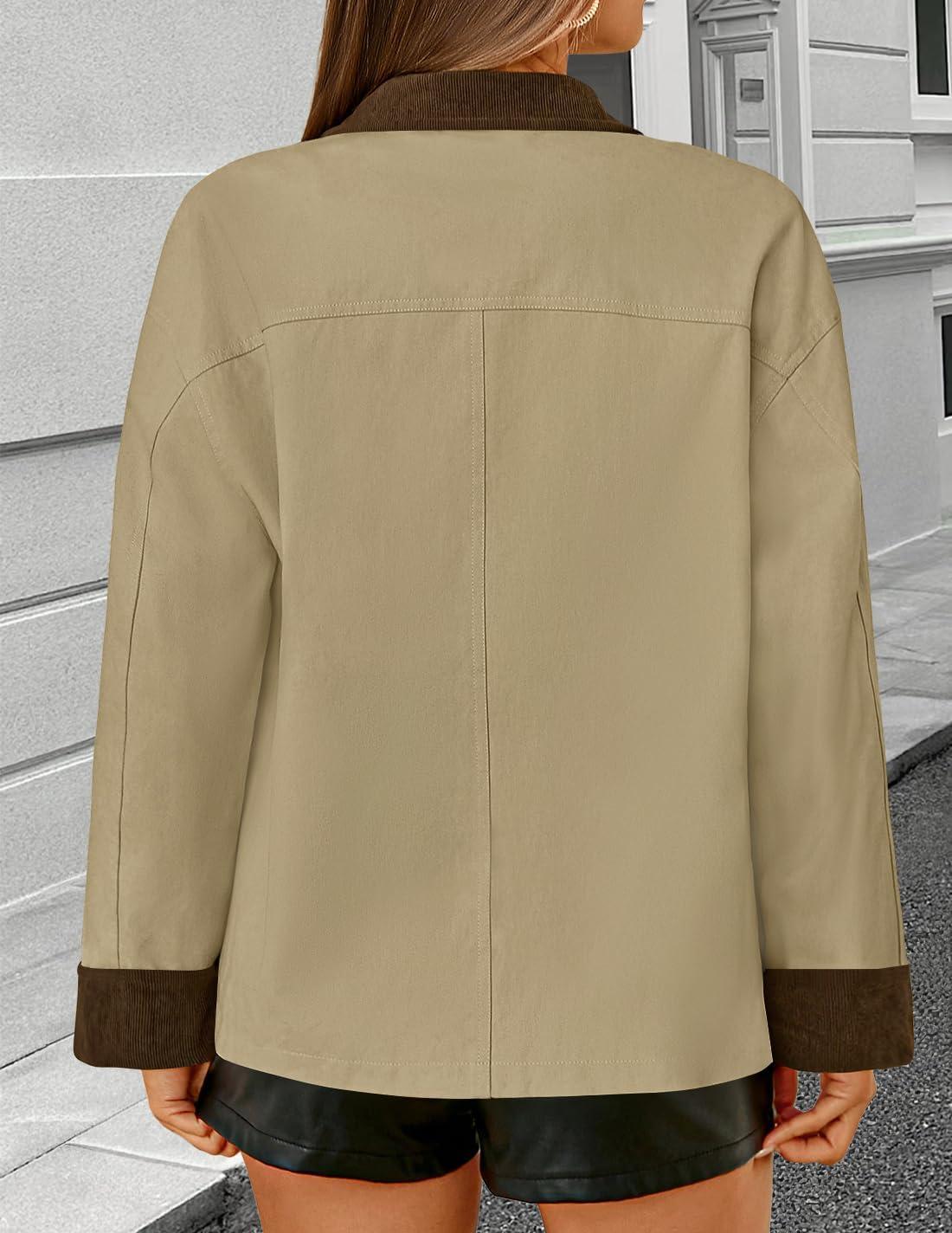 imageZESICA Womens Trendy Lightweight Oversized Barn Jackets 2025 fall Fashion Contrast Collar Zip Up Cargo Cotton Casual CoatKhaki