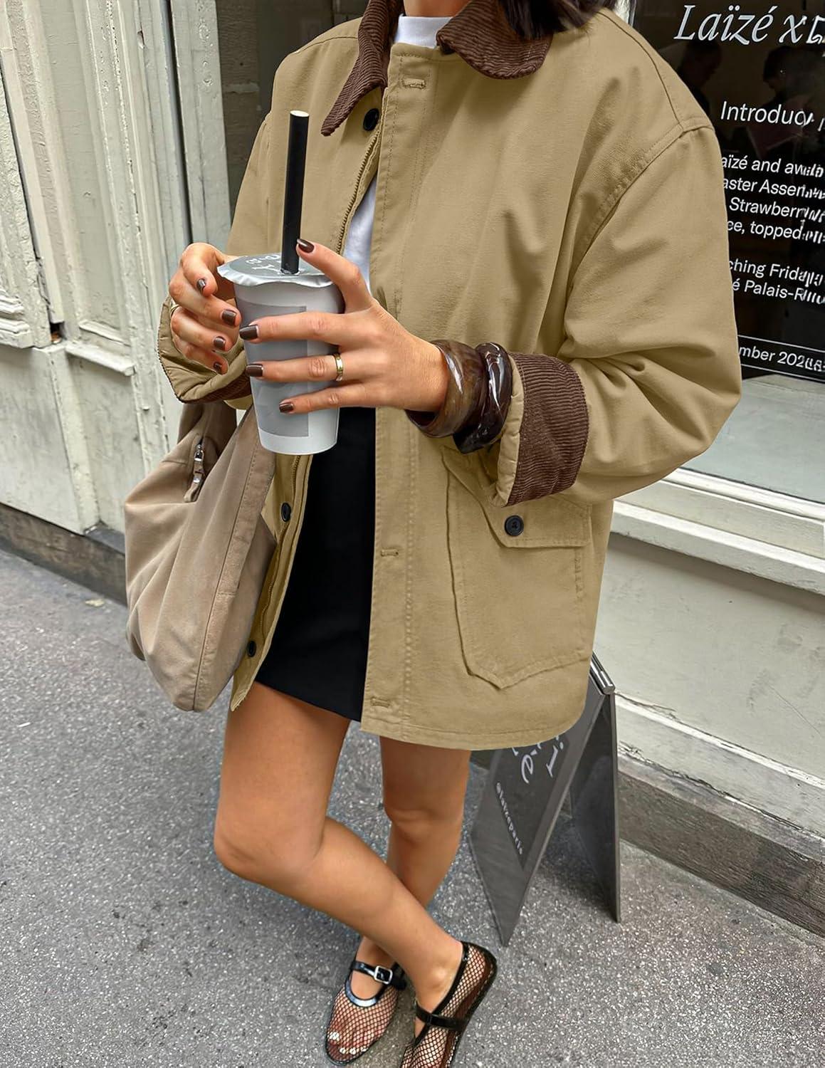 imageZESICA Womens Trendy Lightweight Oversized Barn Jackets 2025 fall Fashion Contrast Collar Zip Up Cargo Cotton Casual CoatKhaki