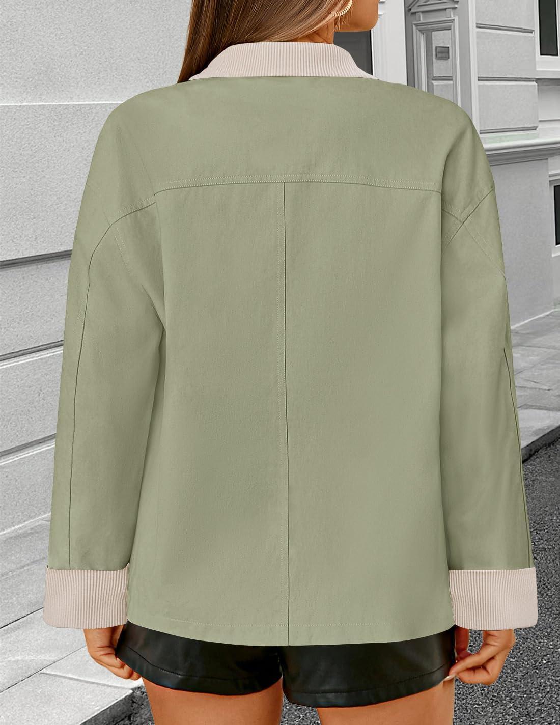 imageZESICA Womens Trendy Lightweight Oversized Barn Jackets 2025 fall Fashion Contrast Collar Zip Up Cargo Cotton Casual CoatLight Green