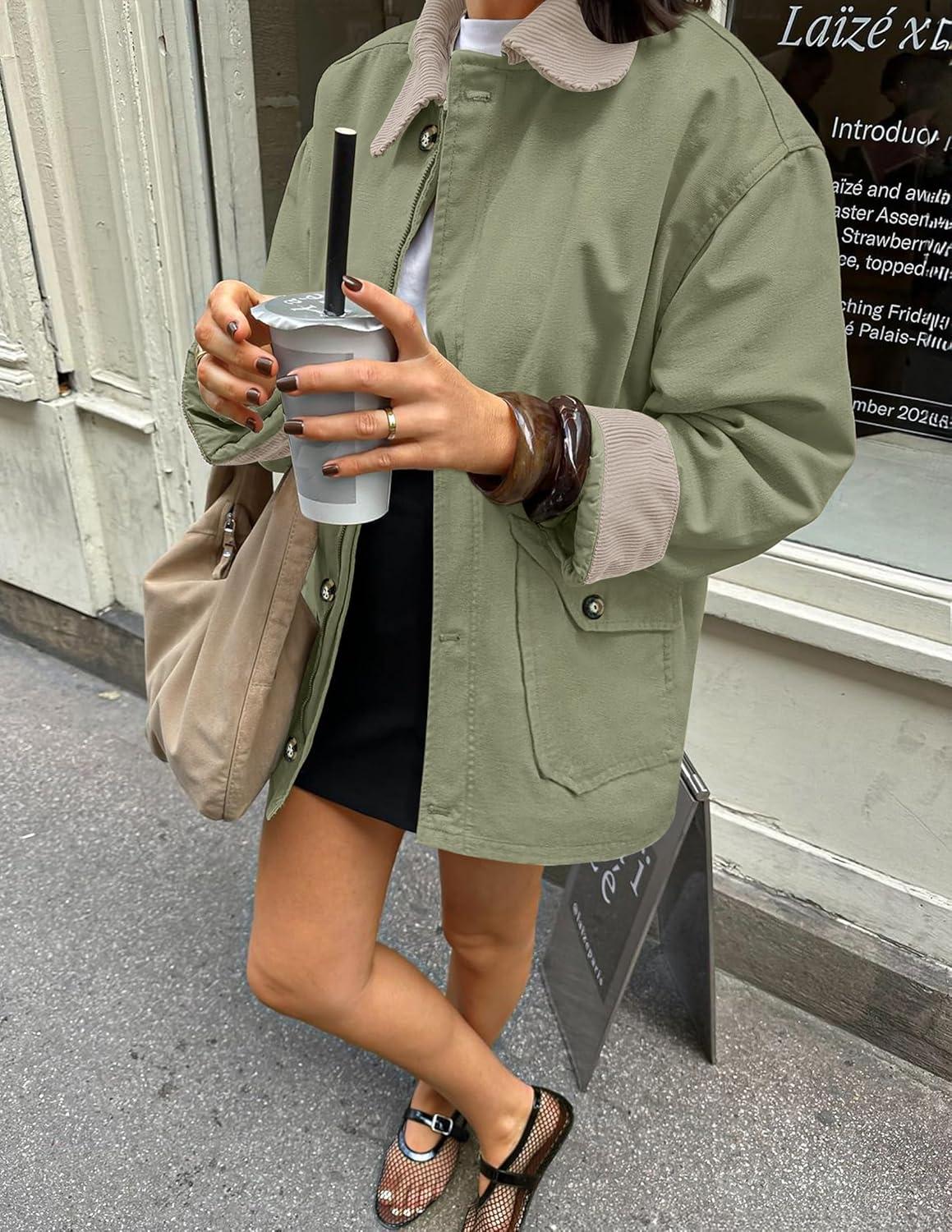 imageZESICA Womens Trendy Lightweight Oversized Barn Jackets 2025 fall Fashion Contrast Collar Zip Up Cargo Cotton Casual CoatLight Green