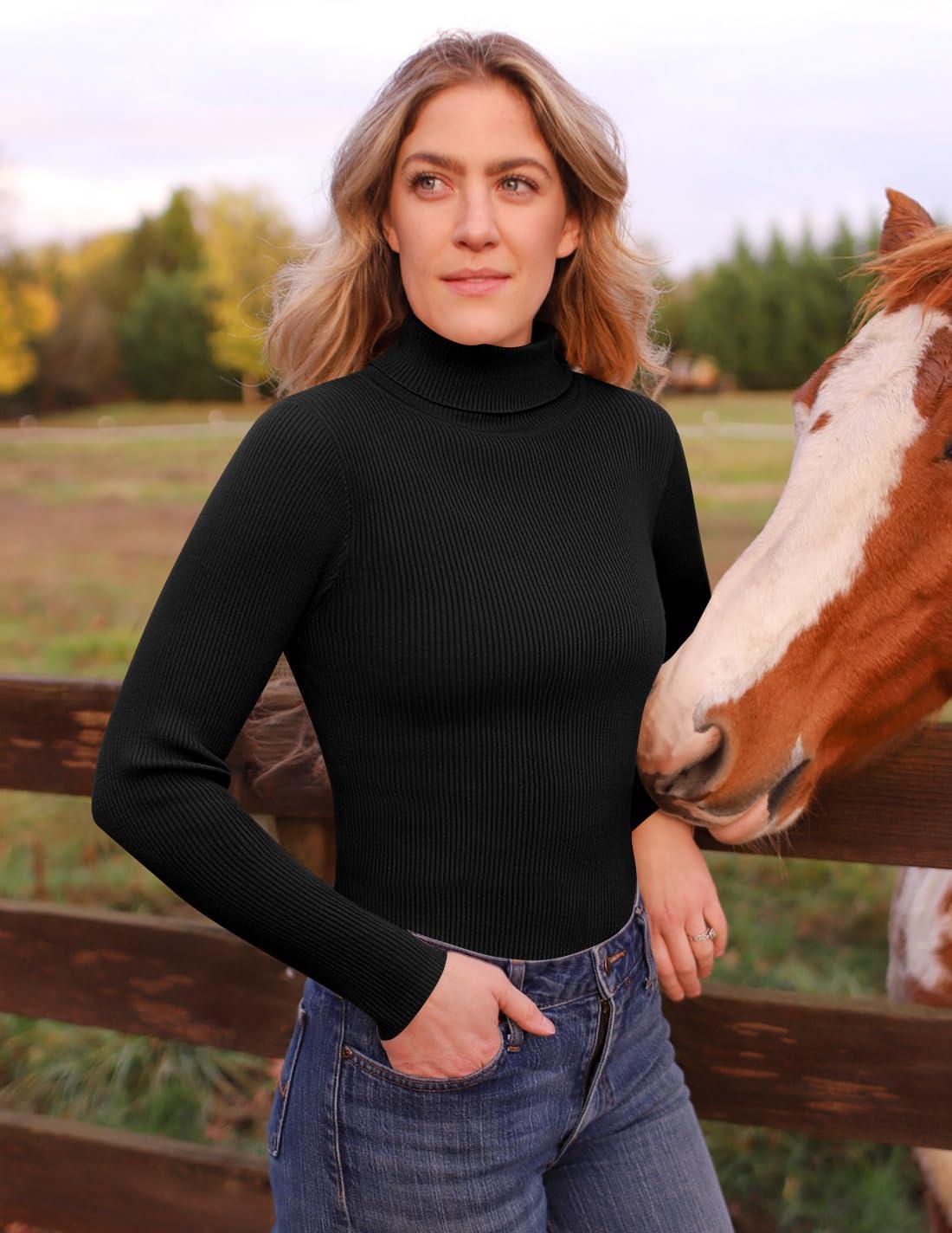 imageZESICA Womens Turtleneck Long Sleeve Shirts 2025 Fall Trendy Tops Slim Fitted Ribbed Knit Basic Casual SweaterBlack