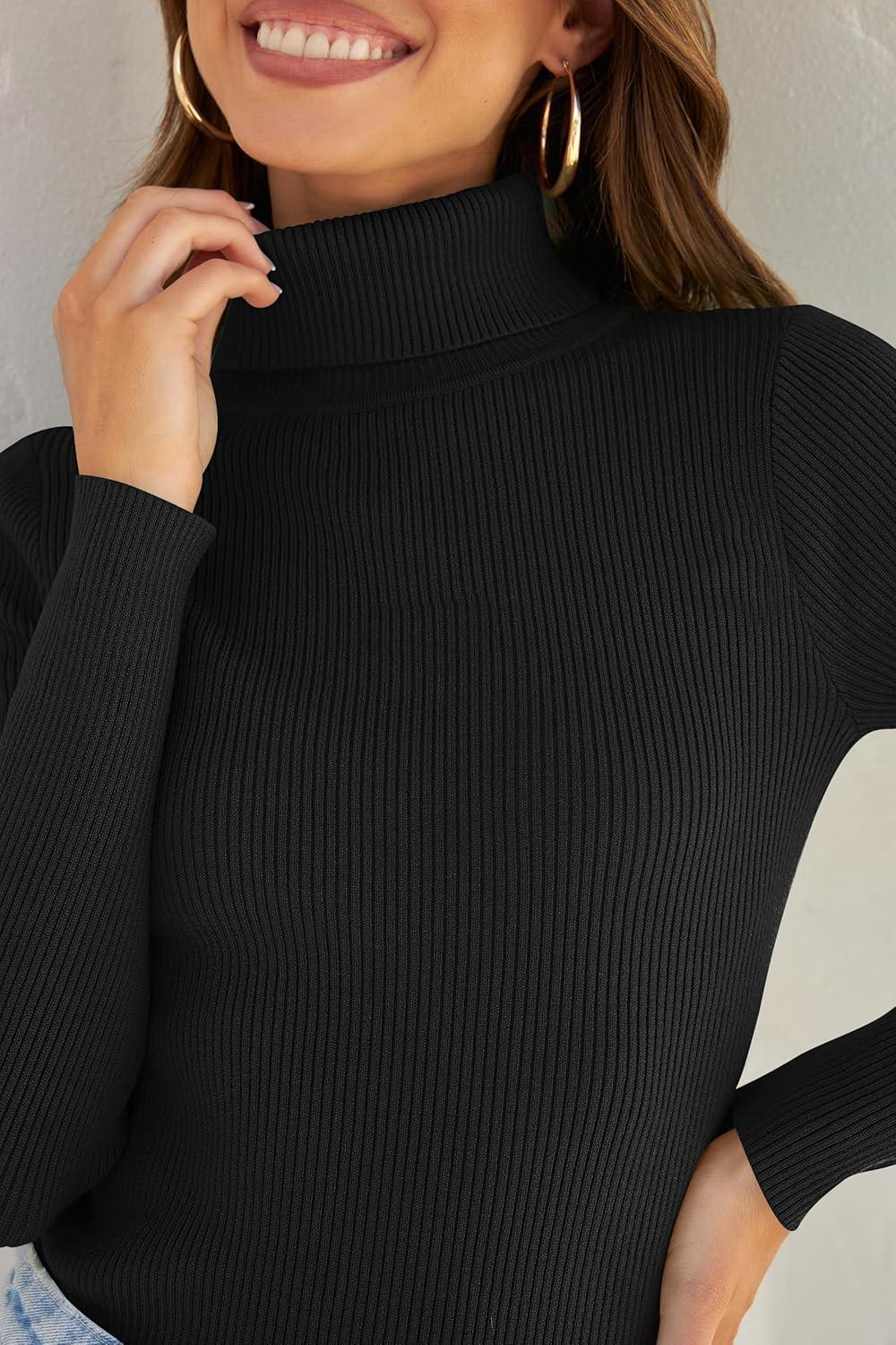 imageZESICA Womens Turtleneck Long Sleeve Shirts 2025 Fall Trendy Tops Slim Fitted Ribbed Knit Basic Casual SweaterBlack