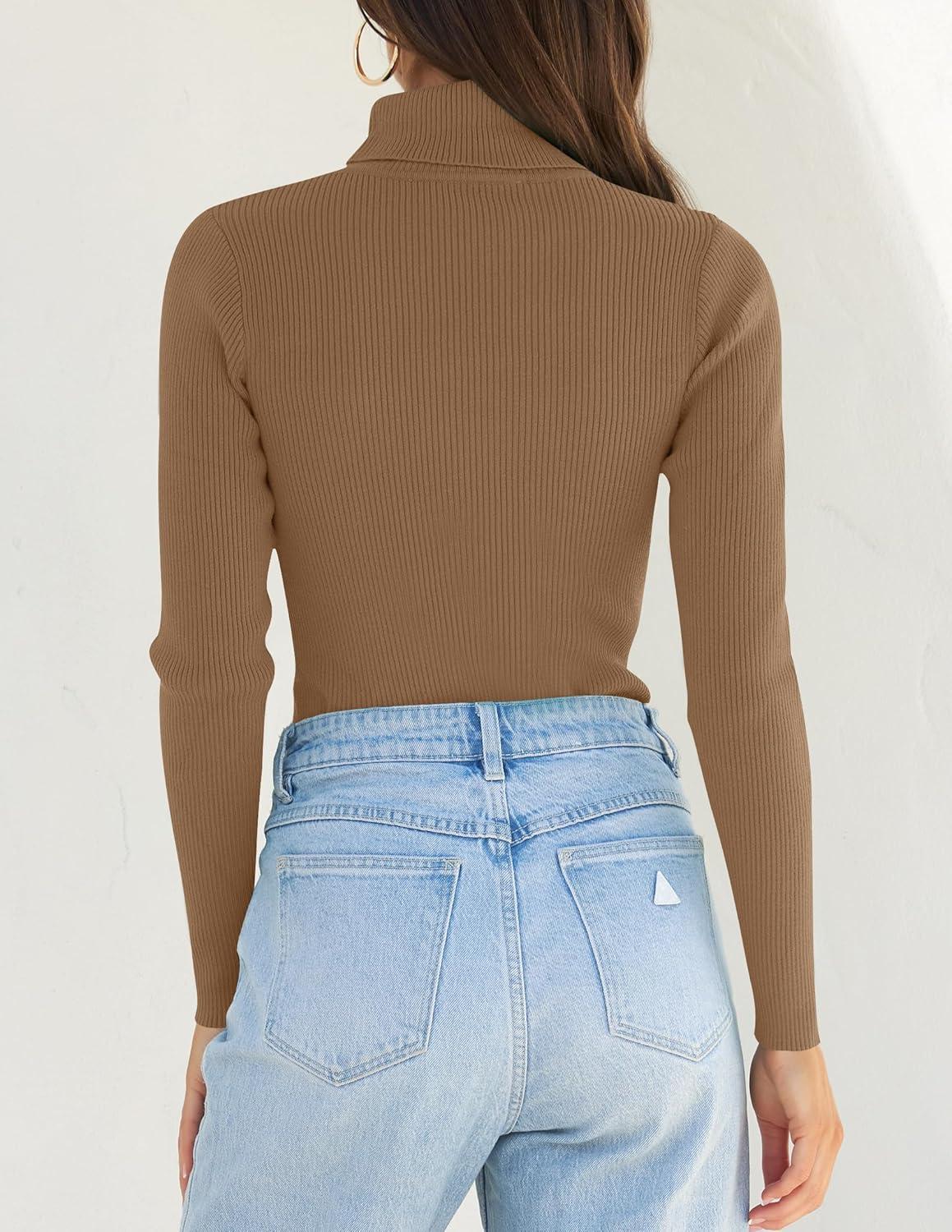 imageZESICA Womens Turtleneck Long Sleeve Shirts 2025 Fall Trendy Tops Slim Fitted Ribbed Knit Basic Casual SweaterBrown