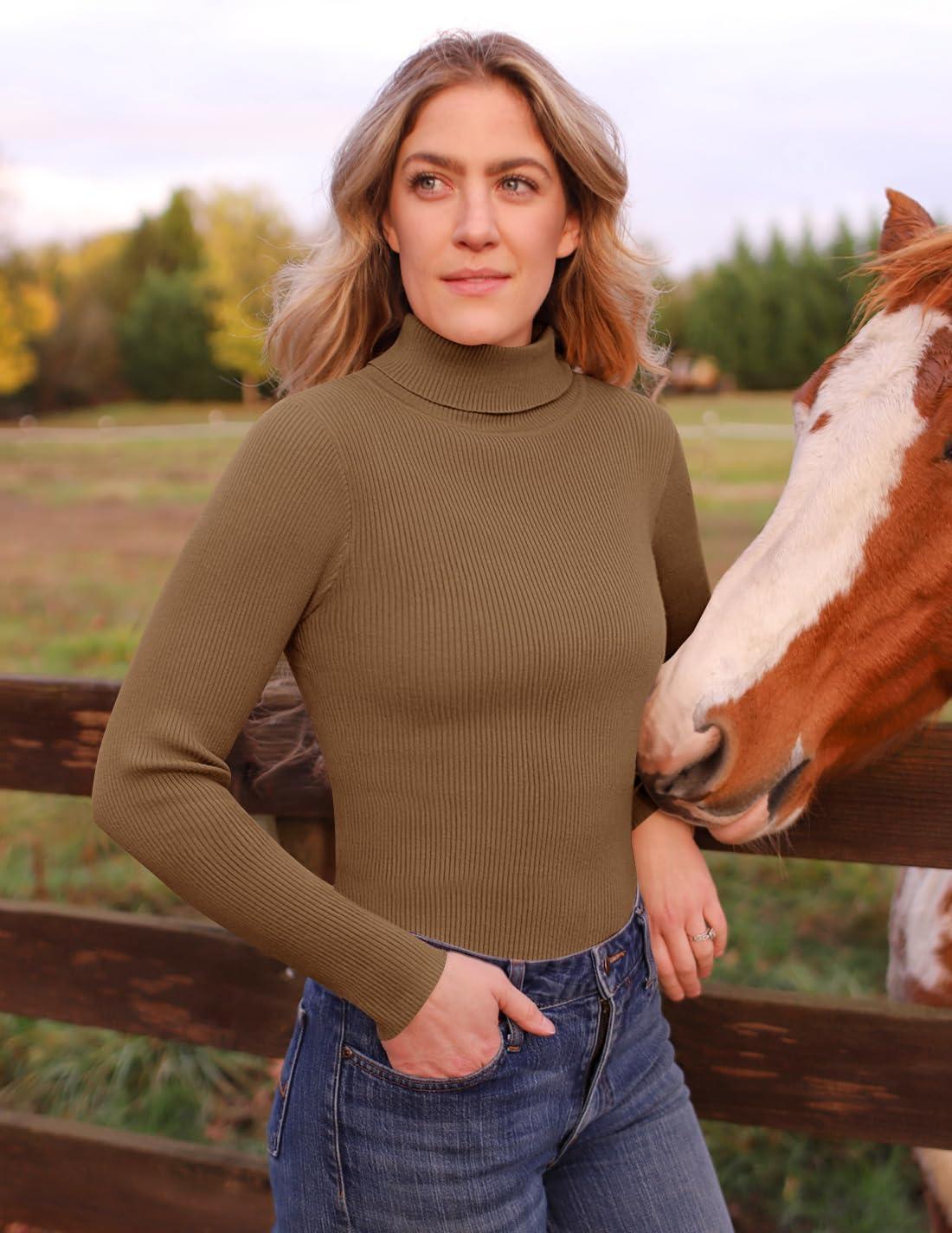 imageZESICA Womens Turtleneck Long Sleeve Shirts 2025 Fall Trendy Tops Slim Fitted Ribbed Knit Basic Casual SweaterBrown