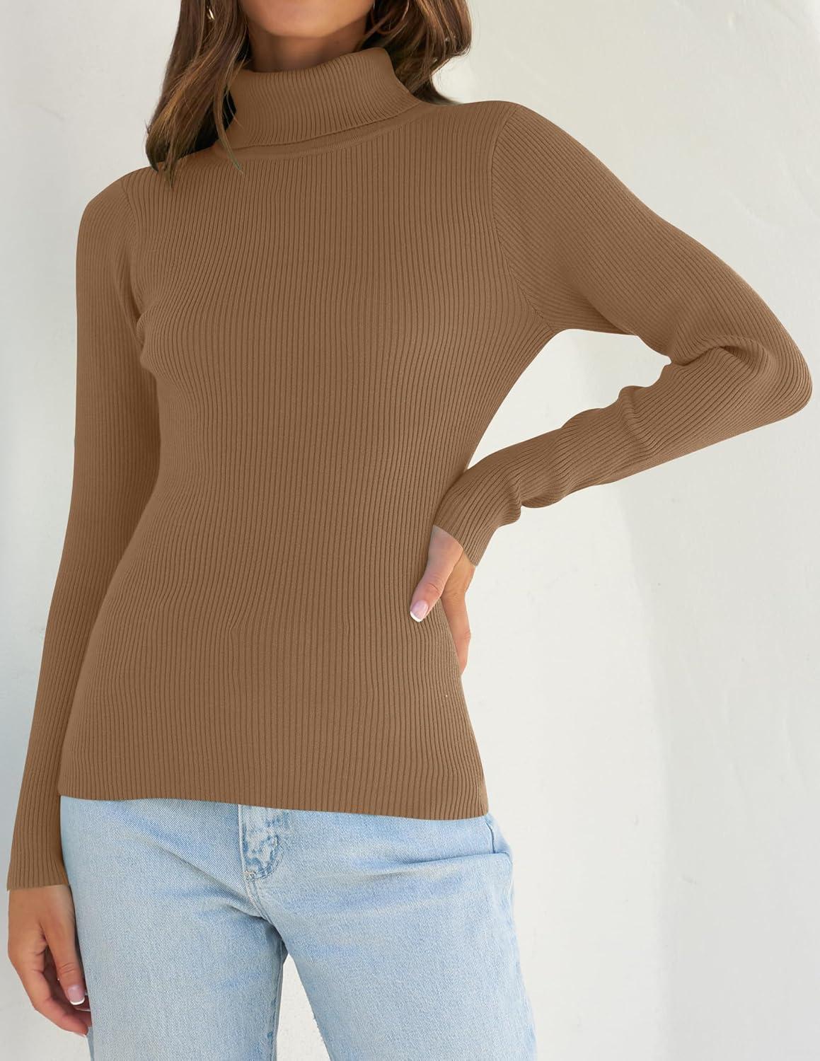 imageZESICA Womens Turtleneck Long Sleeve Shirts 2025 Fall Trendy Tops Slim Fitted Ribbed Knit Basic Casual SweaterBrown