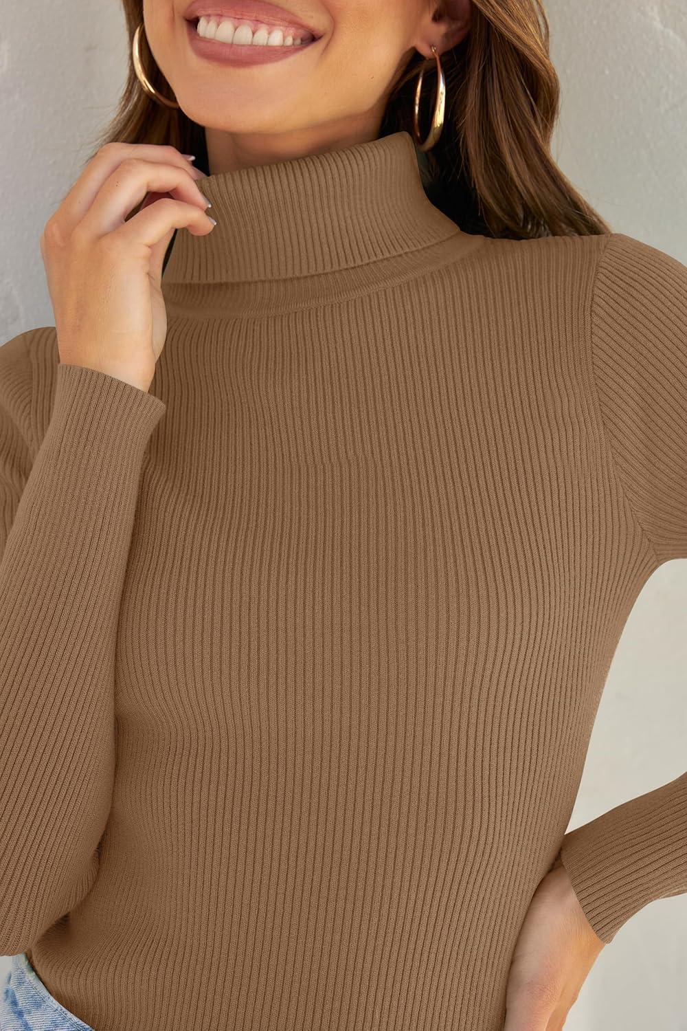 imageZESICA Womens Turtleneck Long Sleeve Shirts 2025 Fall Trendy Tops Slim Fitted Ribbed Knit Basic Casual SweaterBrown